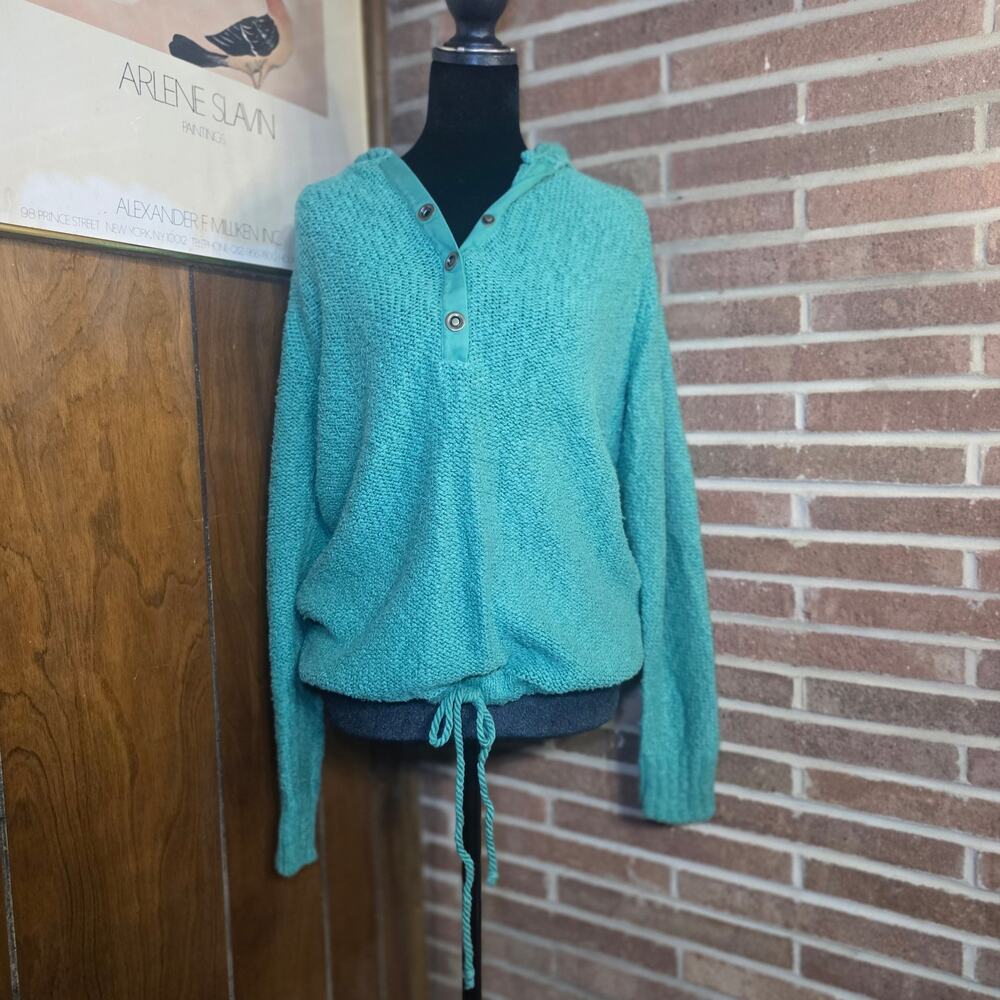 Vintage 90s Old Navy Clothing Company Chunky Knit Henley Hoodie Turquoise Blue